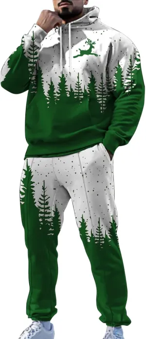 Men's Athletic Hoodie Tracksuit Funny Christmas Tracksuit 2 Piece Funny Reindeer Santa Casual Athletic Jogging Suits
