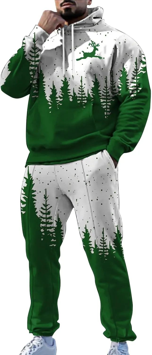 Men's Athletic Hoodie Tracksuit Funny Christmas Tracksuit 2 Piece Funny Reindeer Santa Casual Athletic Jogging Suits