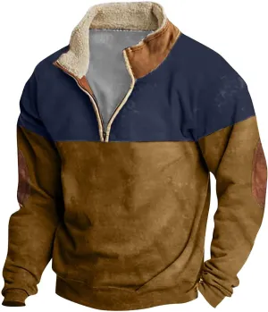 Men's Aztec Western Jacket Cowboy Print Sweatshirt Winter Warm Pullover 1/4 Zip Stand Collar Plus Size Fall Outwear