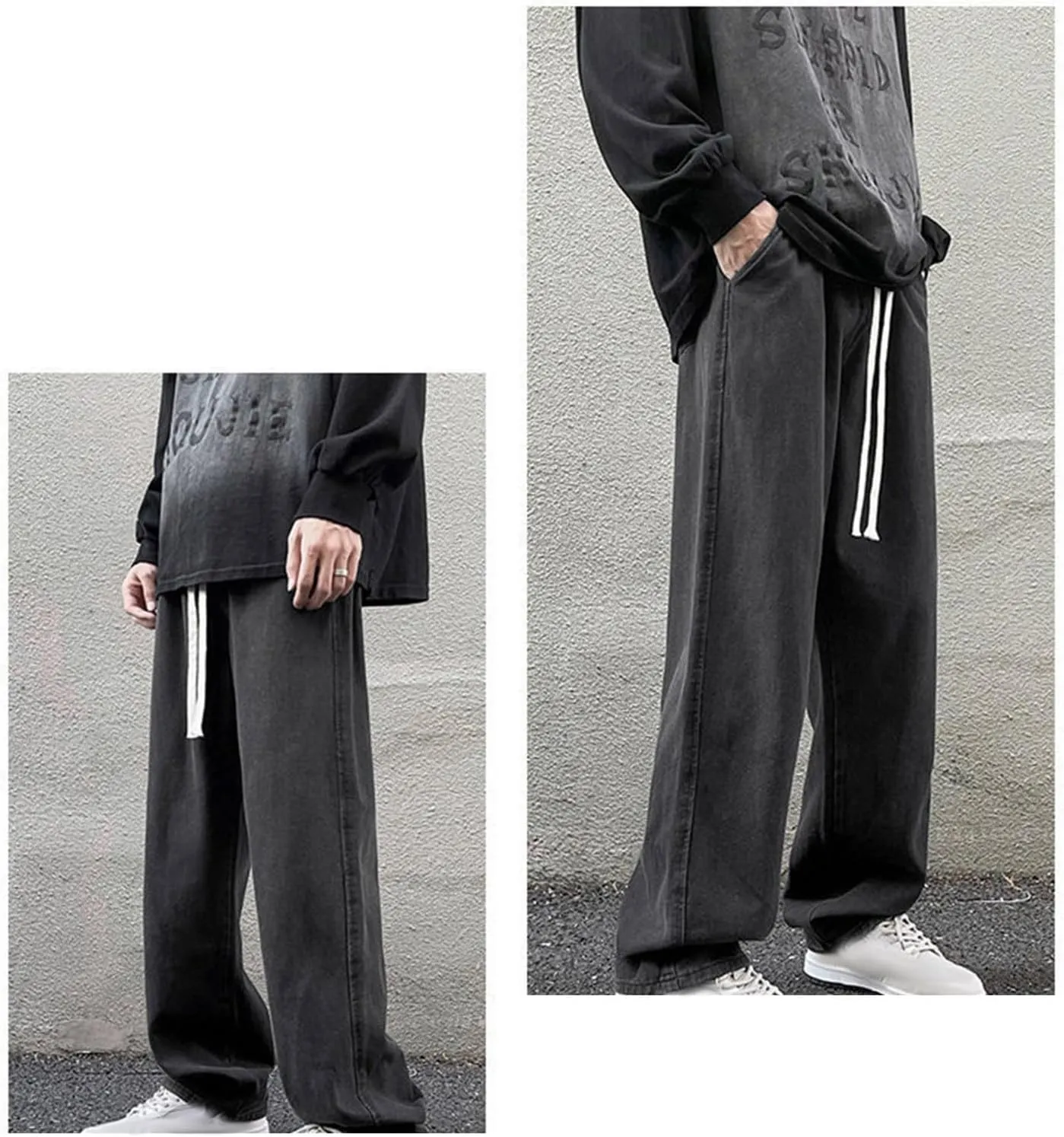 Mens Baggy Jeans Drawstring Vintage Y2k Skater Pants Casual Loose Fit Skateboard Denim Pants Baggy Streetwear Clothes