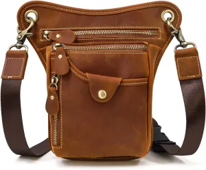 Mens Genuine Leather Outdoor Sporting Hicking Waist Hip Pack Bike Riding Cycling Multi-Purpose Messenger Shoulder Drop Leg Thigh Bag Pouches For Men, Brown