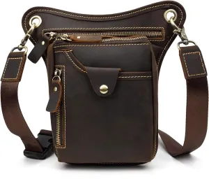 Mens Genuine Leather Outdoor Sporting Hicking Waist Hip Pack Bike Riding Cycling Multi-Purpose Messenger Shoulder Drop Leg Thigh Bag Pouches For Men, Dark Brown