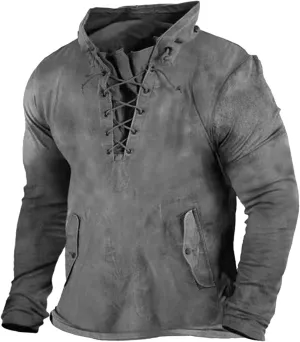 Men's Lace Up Distressed Hoodie Washed Distressed Work Military Tactical Pollover Tops Outdoor Sport Sweatshirt with Pockets