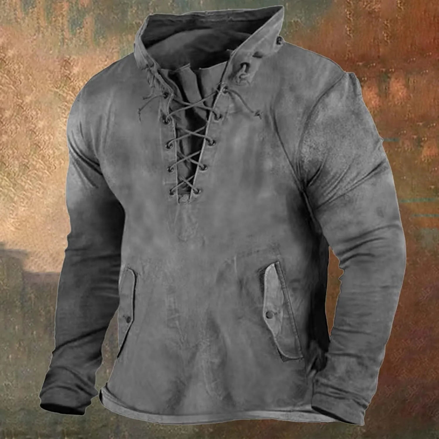 Men's Lace Up Distressed Hoodie Washed Distressed Work Military Tactical Pollover Tops Outdoor Sport Sweatshirt with Pockets