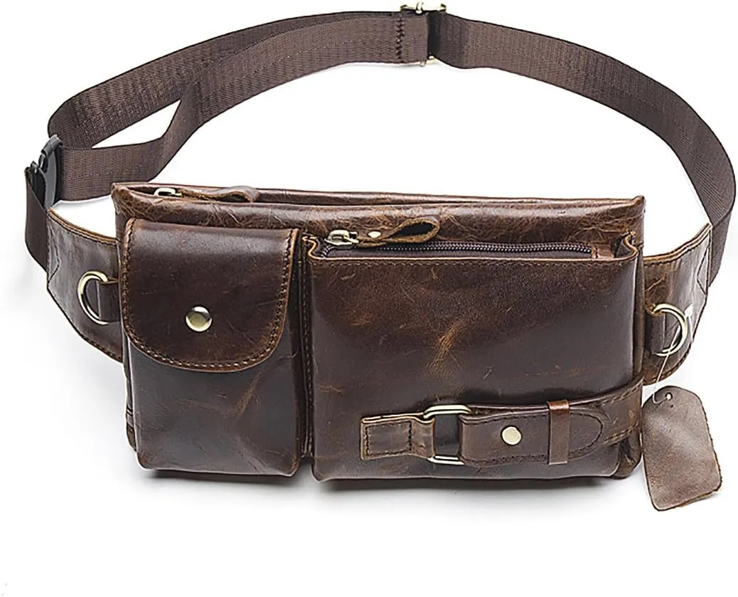 Men's Leather Fanny Pack Waist Bags Vintage Utility Belt Bag Crossbody Hip Purse Coffee