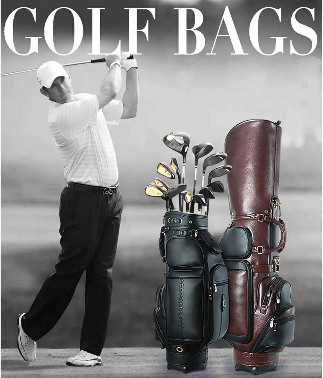 Men's Leather Golf Bag, Professional Waterproof Golf Cart Bag, High Hardness Base, Portable Golf Stand Bag Travel Golf Club Bags