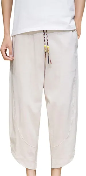 Mens Linen Harem Capri Pants Yoga Beach Baggy 3/4 Shorts Pants Casual Elastic Waist Hippie Boho Cropped Trousers