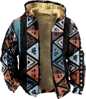 Men's Western Vintage Print Sherpa Fleece Lined Jackets Faux Cozy Outerwear Quilted Down Varsity Coat Plus Size
