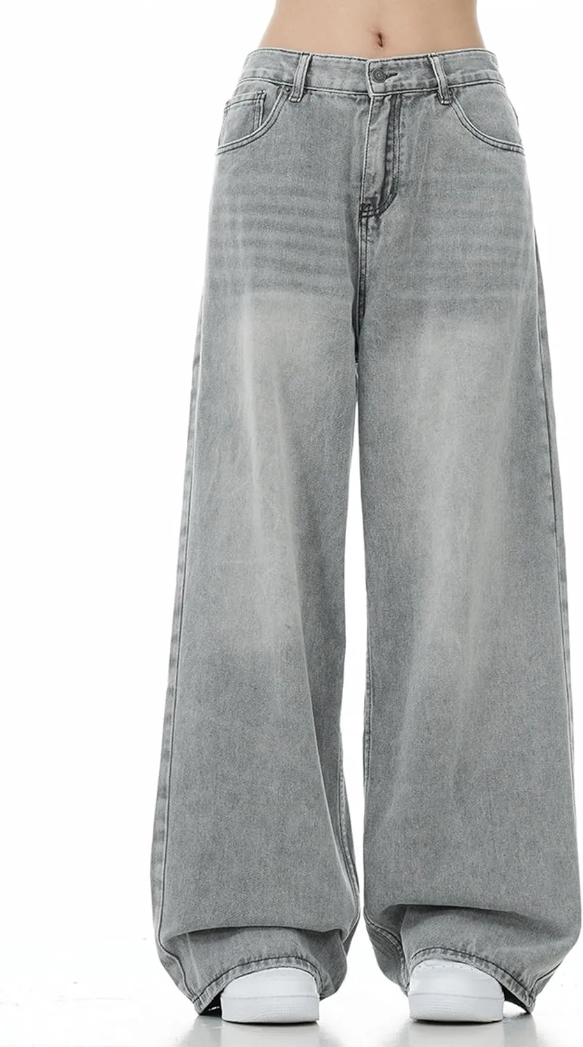 Mens Y2K Baggy Jeans Wide Leg Skater Pants Grunge Grey Jeans Hip Hop Skateboard Pants