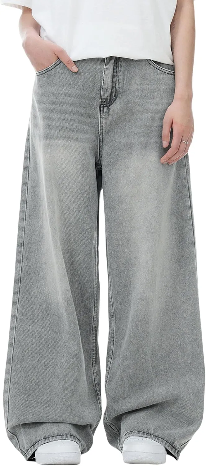 Mens Y2K Baggy Jeans Wide Leg Skater Pants Grunge Grey Jeans Hip Hop Skateboard Pants