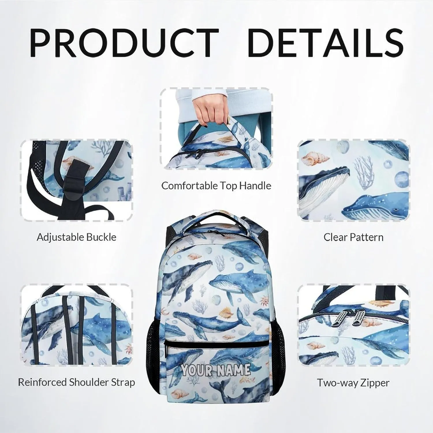 Mercuryelf Boys Backpack with Lunch Box - 17 Inch Whale Kid Backpack with Lunch Bag and Pencil for School, Travel - Cute Sea Bookbag Set for Teens Kids