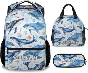 Mercuryelf Boys Backpack with Lunch Box - 17 Inch Whale Kid Backpack with Lunch Bag and Pencil for School, Travel - Cute Sea Bookbag Set for Teens Kids