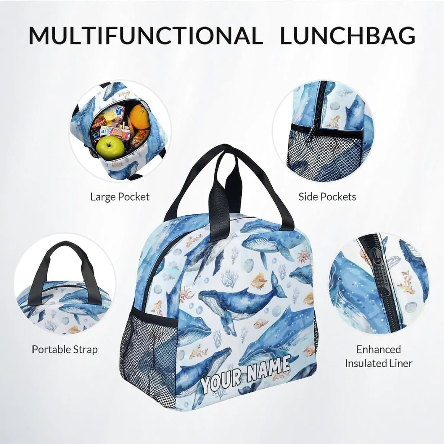 Mercuryelf Boys Backpack with Lunch Box - 17 Inch Whale Kid Backpack with Lunch Bag and Pencil for School, Travel - Cute Sea Bookbag Set for Teens Kids