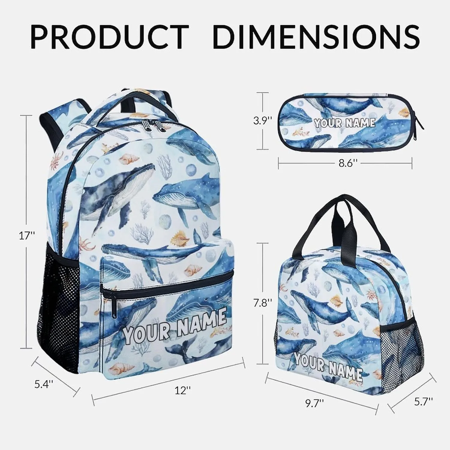 Mercuryelf Boys Backpack with Lunch Box - 17 Inch Whale Kid Backpack with Lunch Bag and Pencil for School, Travel - Cute Sea Bookbag Set for Teens Kids