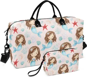 Mermaid Starfish Coral Shell Sports Gym Bag for Women Men Travel Duffel Bag Weekend Overnight Carry on Bag with Toiletry Bag Air Travel Bag for Swimming Yoga Workout Hospital Plane