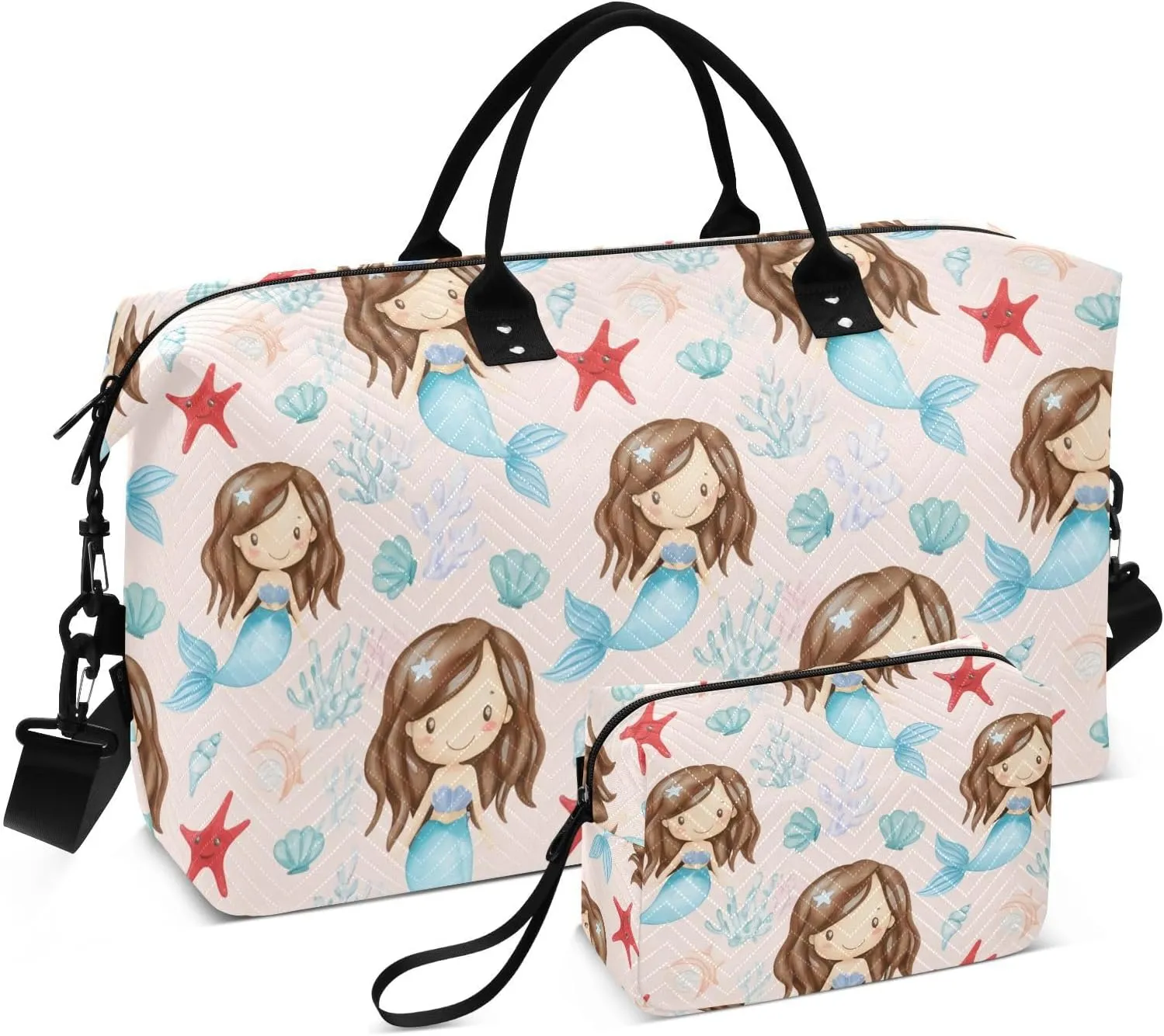 Mermaid Starfish Coral Shell Sports Gym Bag for Women Men Travel Duffel Bag Weekend Overnight Carry on Bag with Toiletry Bag Air Travel Bag for Swimming Yoga Workout Hospital Plane