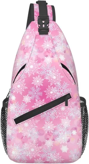 Merry Christmas Snowflakes Pink Cross Chest Bag Diagonally Hiking Crossbody Bag Travel Shoulder Daypack Lightweight Sling Backpack Cycling Daypacks Fitness Chest Backpacks