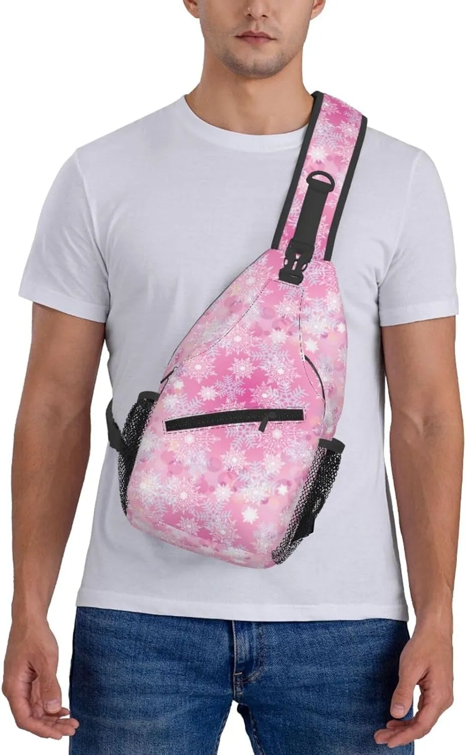 Merry Christmas Snowflakes Pink Cross Chest Bag Diagonally Hiking Crossbody Bag Travel Shoulder Daypack Lightweight Sling Backpack Cycling Daypacks Fitness Chest Backpacks