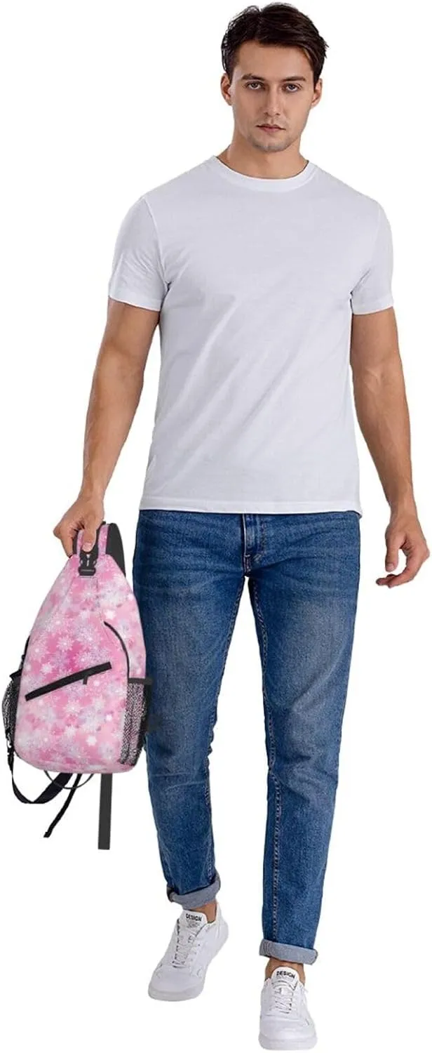 Merry Christmas Snowflakes Pink Cross Chest Bag Diagonally Hiking Crossbody Bag Travel Shoulder Daypack Lightweight Sling Backpack Cycling Daypacks Fitness Chest Backpacks