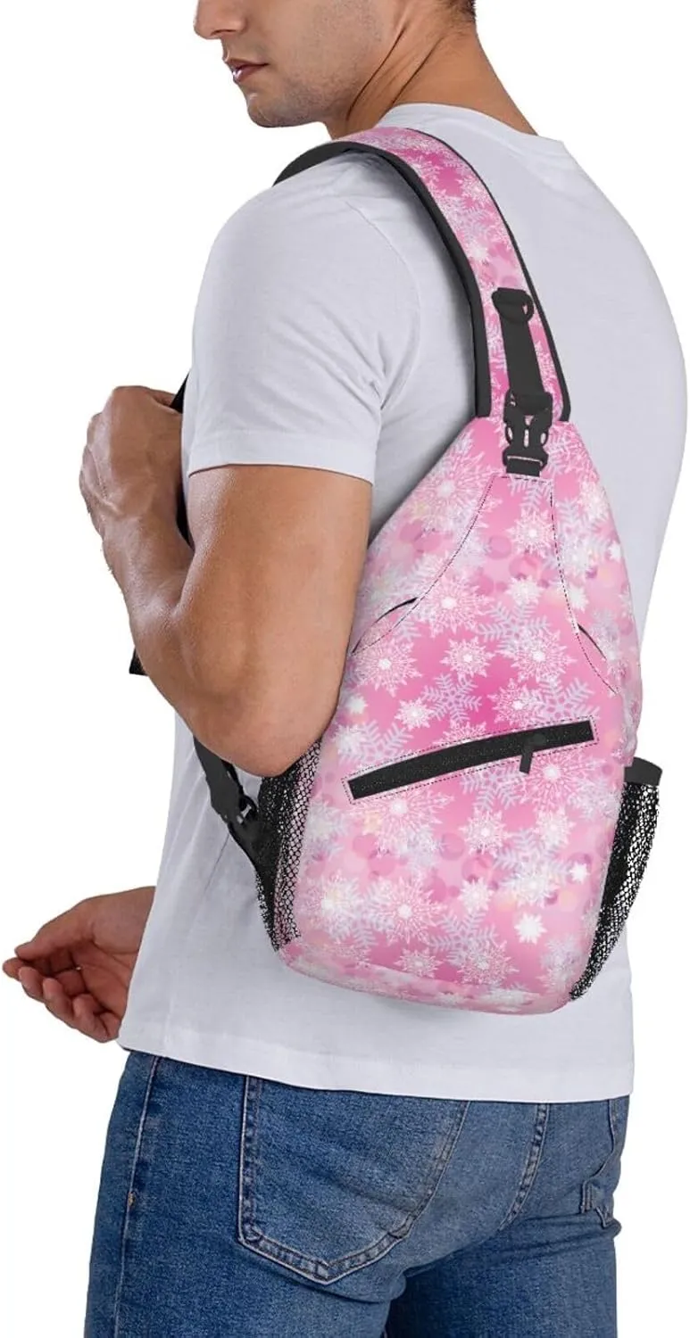 Merry Christmas Snowflakes Pink Cross Chest Bag Diagonally Hiking Crossbody Bag Travel Shoulder Daypack Lightweight Sling Backpack Cycling Daypacks Fitness Chest Backpacks