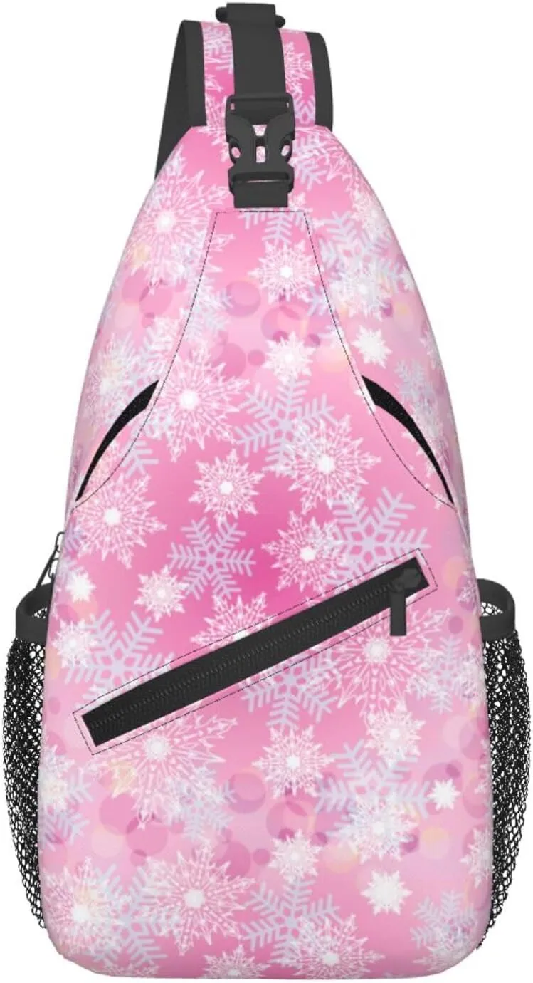 Merry Christmas Snowflakes Pink Cross Chest Bag Diagonally Hiking Crossbody Bag Travel Shoulder Daypack Lightweight Sling Backpack Cycling Daypacks Fitness Chest Backpacks