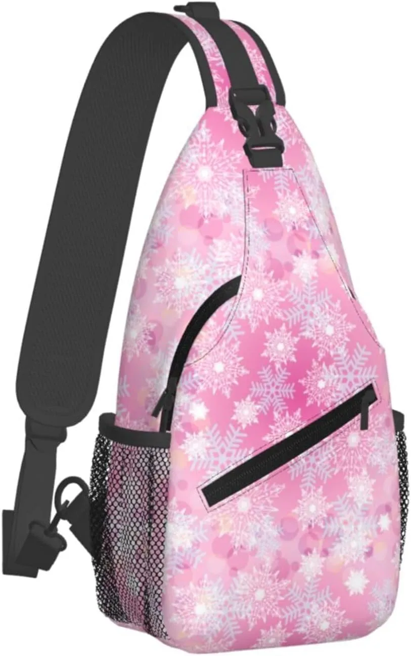 Merry Christmas Snowflakes Pink Cross Chest Bag Diagonally Hiking Crossbody Bag Travel Shoulder Daypack Lightweight Sling Backpack Cycling Daypacks Fitness Chest Backpacks
