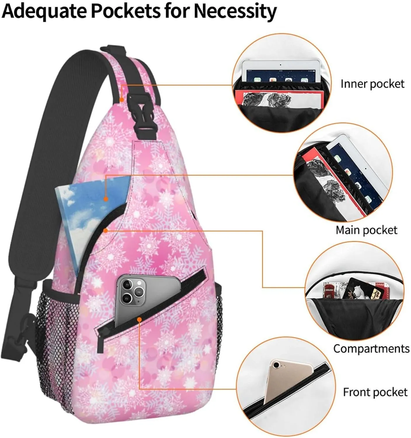 Merry Christmas Snowflakes Pink Cross Chest Bag Diagonally Hiking Crossbody Bag Travel Shoulder Daypack Lightweight Sling Backpack Cycling Daypacks Fitness Chest Backpacks