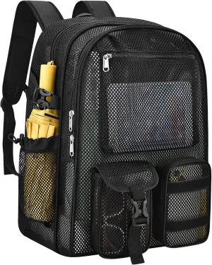Mesh Backpack for School,with Inner Laptop Compartment,Semi-transparent Bookbag with Bungee and Comfort Padded Straps for Beach, Swimming, Sports, Work, Travel-Black