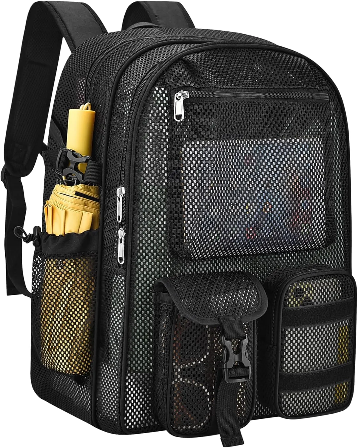 Mesh Backpack for School,with Inner Laptop Compartment,Semi-transparent Bookbag with Bungee and Comfort Padded Straps for Beach, Swimming, Sports, Work, Travel-Black