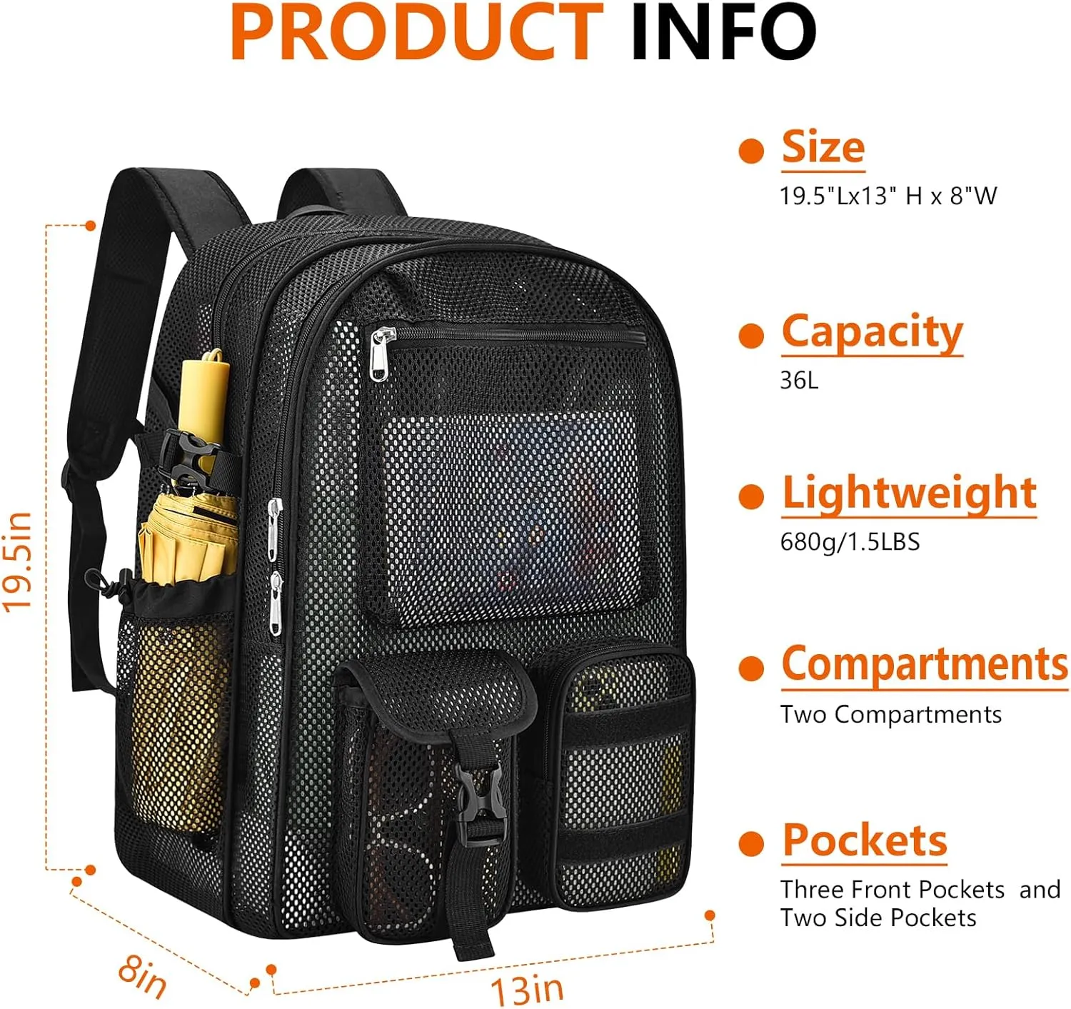 Mesh Backpack for School,with Inner Laptop Compartment,Semi-transparent Bookbag with Bungee and Comfort Padded Straps for Beach, Swimming, Sports, Work, Travel-Black