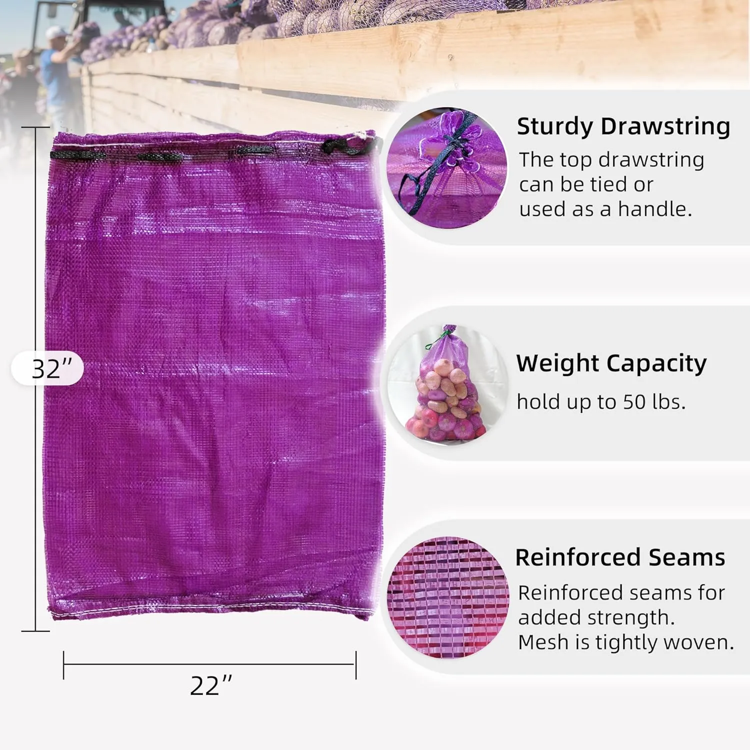 Mesh Firewood Bags 22"×32" 300 Per Pack Crawfish Sacks, Firewood Bags for Selling, Onion Bag Storage Potato Sacks Mesh Wood Bag Bulk (Pack of 300)