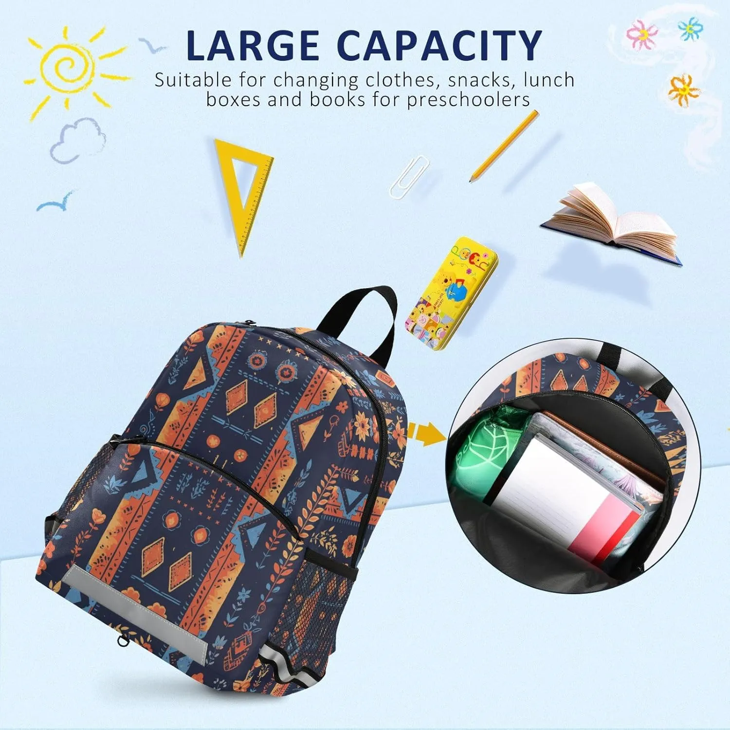 Mexican Fabric Pattern Colorful Kids Backpack for Preschool Multifunctional Cute Schoolbag with Reflective Strips