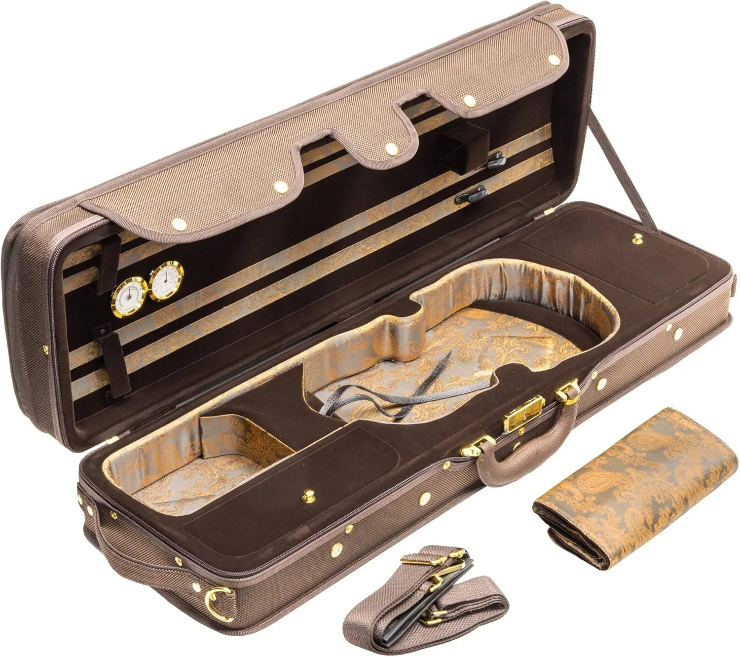 MI&VI NF-9001 Professional Hard-Shell Violin Case 4/4 (Full Size) Luxury Silk Interior | High-Density Foam | Sheet Pocket | Adjustable Straps | Hygrometer | Thermometer (Brown)