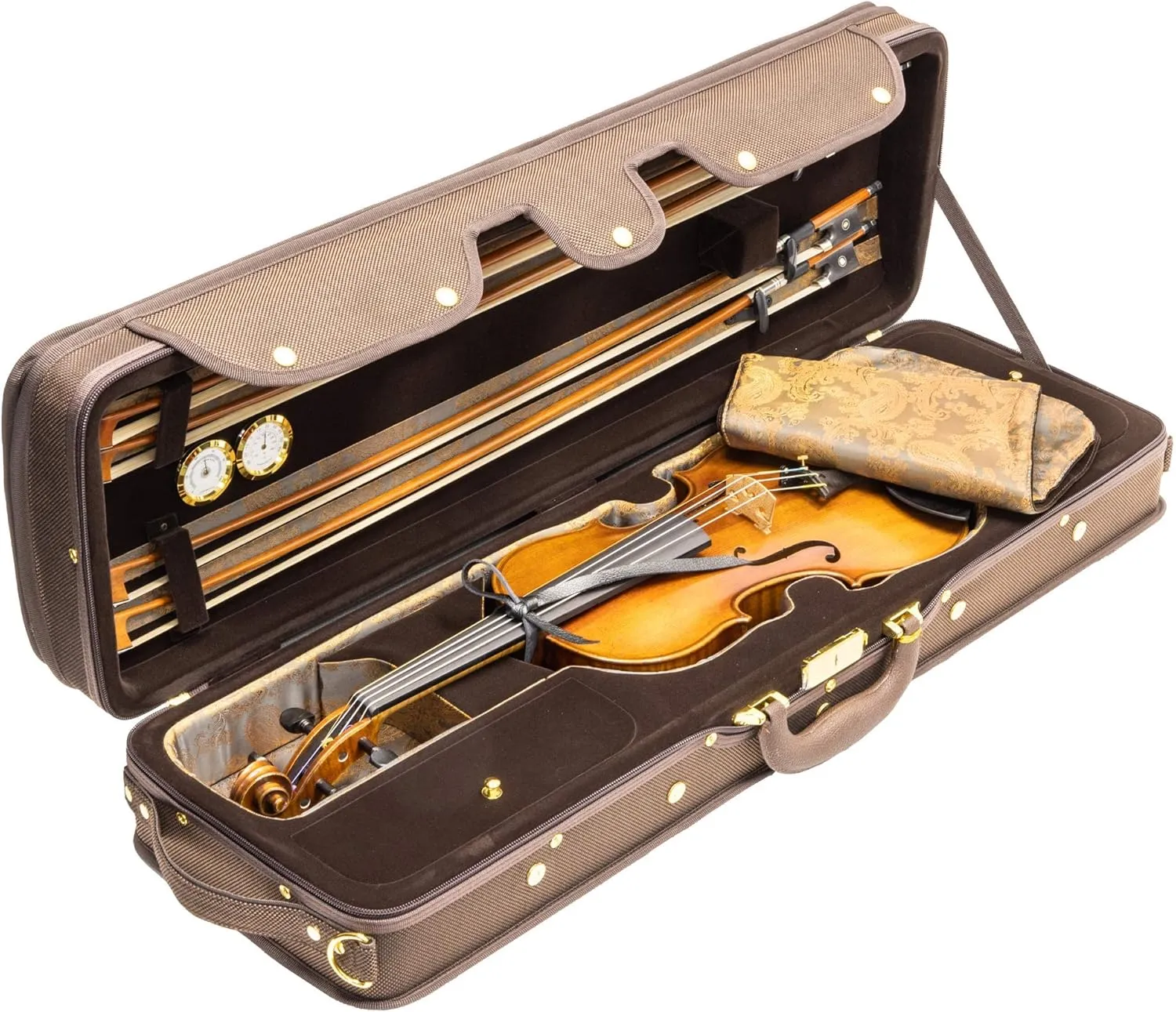 MI&VI NF-9001 Professional Hard-Shell Violin Case 4/4 (Full Size) Luxury Silk Interior | High-Density Foam | Sheet Pocket | Adjustable Straps | Hygrometer | Thermometer (Brown)