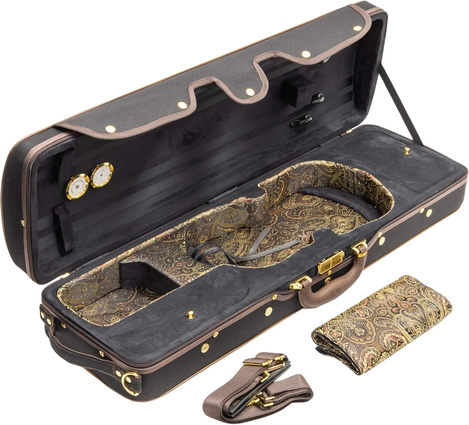 MI&VI NF-9001 Professional Hard-Shell Violin Case 4/4 (Full Size) Luxury Silk Interior | High-Density Foam | Sheet Pocket | Oblong Shape | Adjustable Straps | Hygrometer | Thermometer (Black)