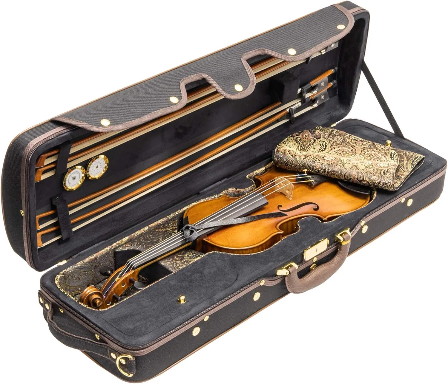 MI&VI NF-9001 Professional Hard-Shell Violin Case 4/4 (Full Size) Luxury Silk Interior | High-Density Foam | Sheet Pocket | Oblong Shape | Adjustable Straps | Hygrometer | Thermometer (Black)