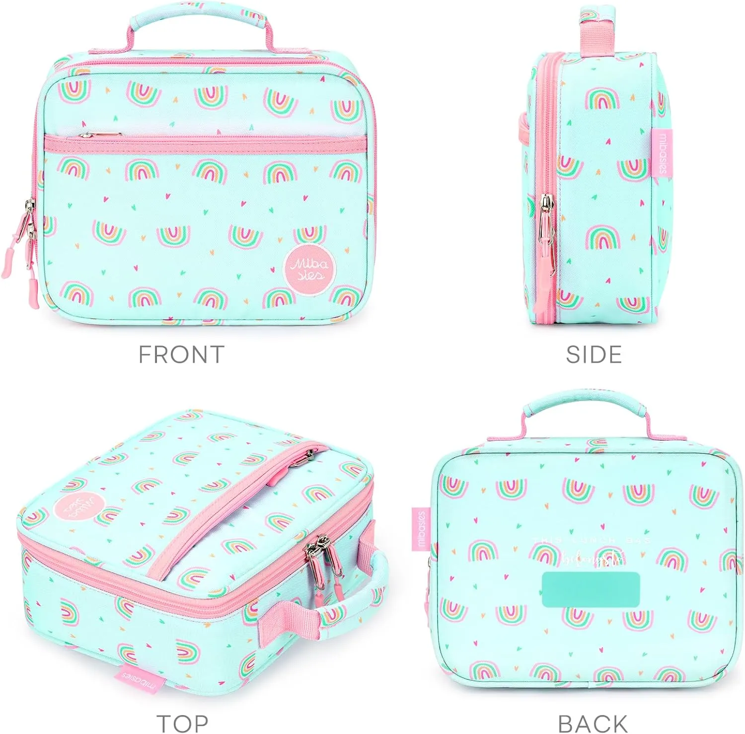 mibasies Kids Lunch Box for Girls Toddler, Insulated and Reusable Lunch Bag for School, Rainbow Mint Green