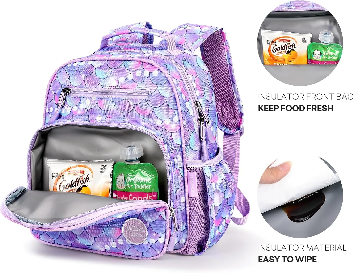 mibasies Toddler Backpack for Girls 2-4: Preschool Kindergarten Backpack - Cute Kids Backpacks for Girls - Fish scale Purple