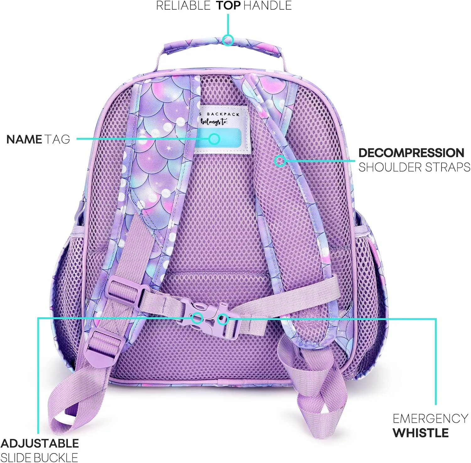 mibasies Toddler Backpack for Girls 2-4: Preschool Kindergarten Backpack - Cute Kids Backpacks for Girls - Fish scale Purple