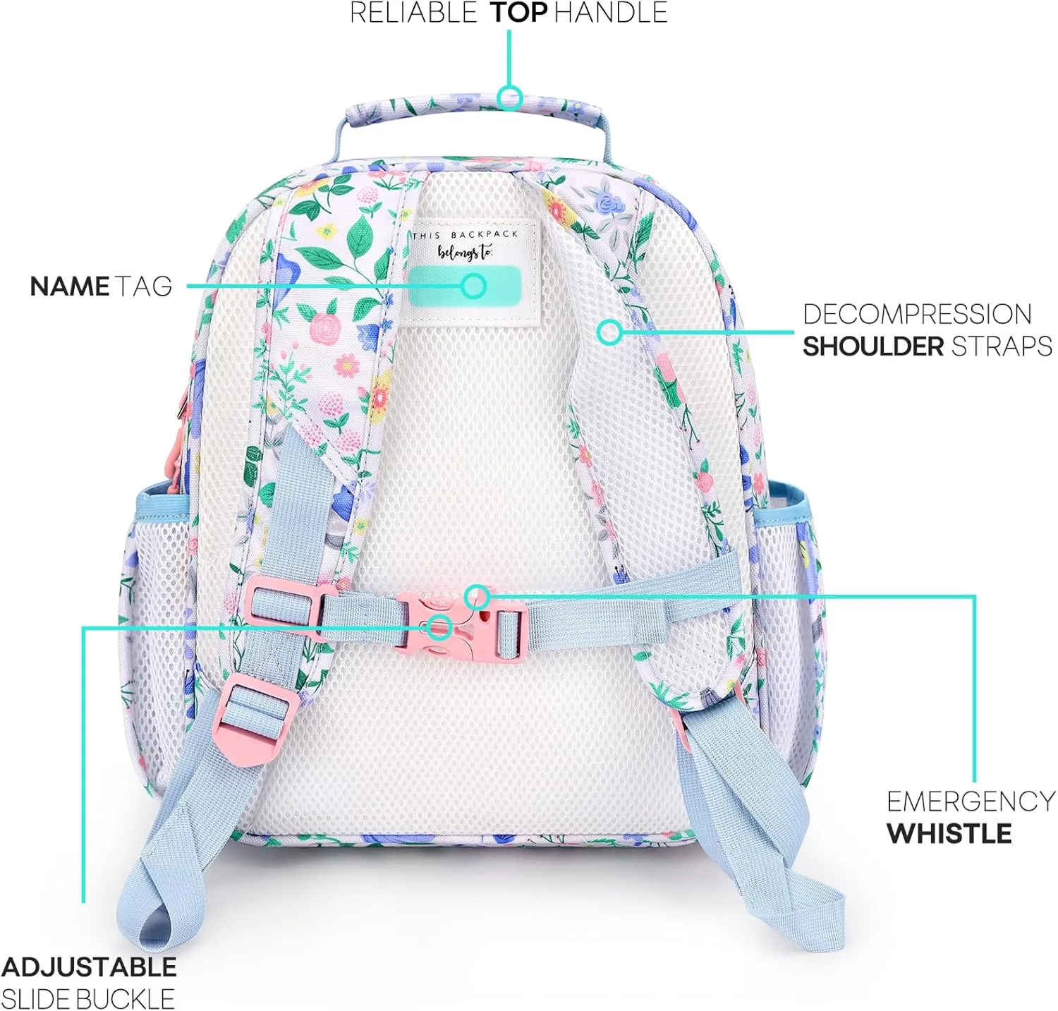 mibasies Toddler Backpack for Girls 2-4: Preschool Kindergarten Backpack - Cute Kids Backpacks for Girls - Floral Blue