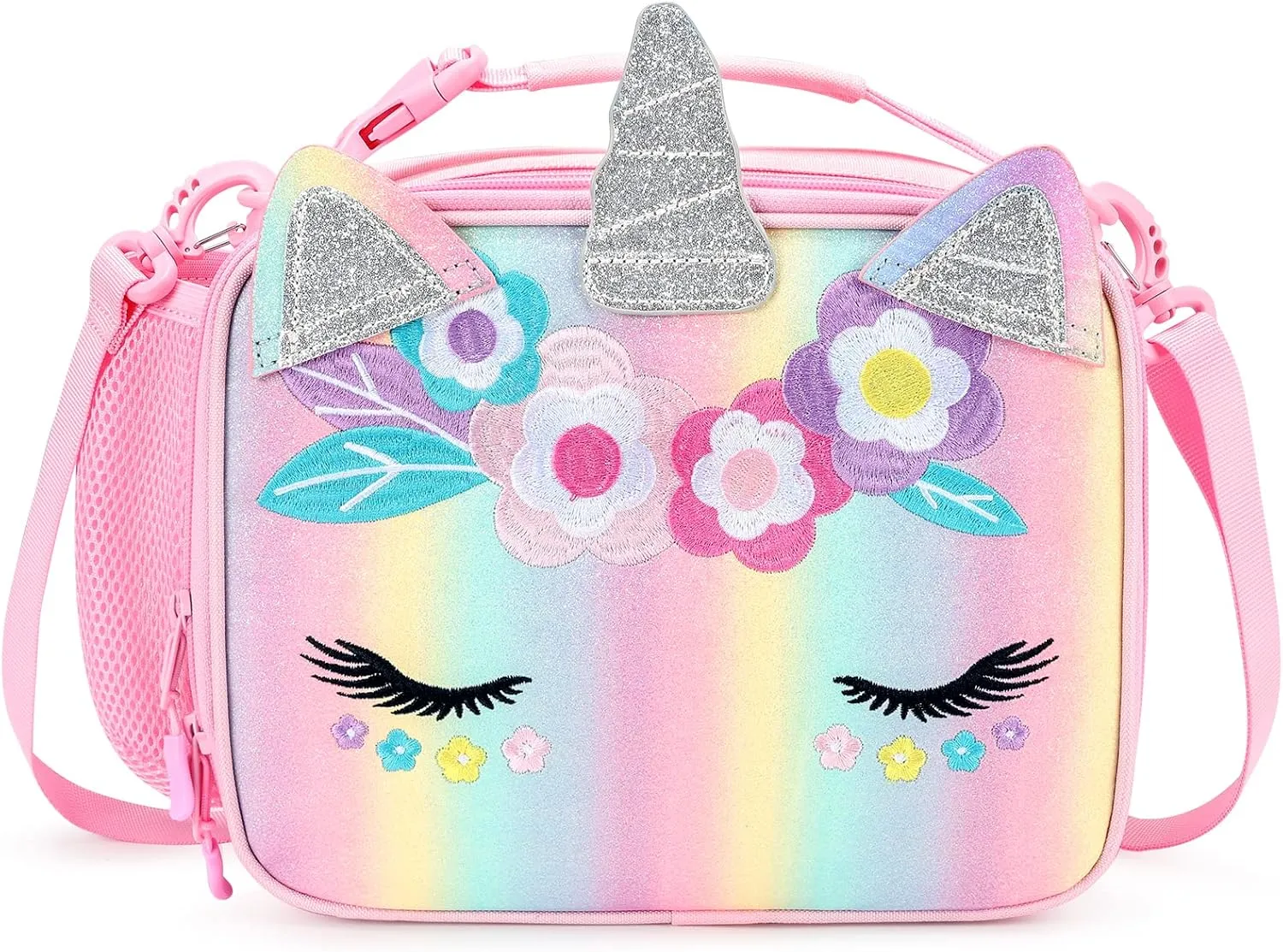 mibasies Unicorn Lunch Bag Kids Insulated Lunch Box for Girls with Water Bottle Holder and Shoulder Strap (Pink Blue Rainbow)