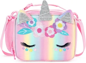 mibasies Unicorn Lunch Bag Kids Insulated Lunch Box for Girls with Water Bottle Holder and Shoulder Strap (Pink Blue Rainbow)