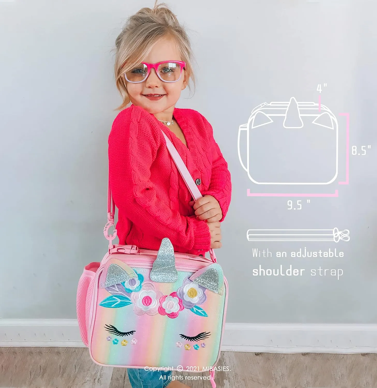 mibasies Unicorn Lunch Bag Kids Insulated Lunch Box for Girls with Water Bottle Holder and Shoulder Strap (Pink Blue Rainbow)