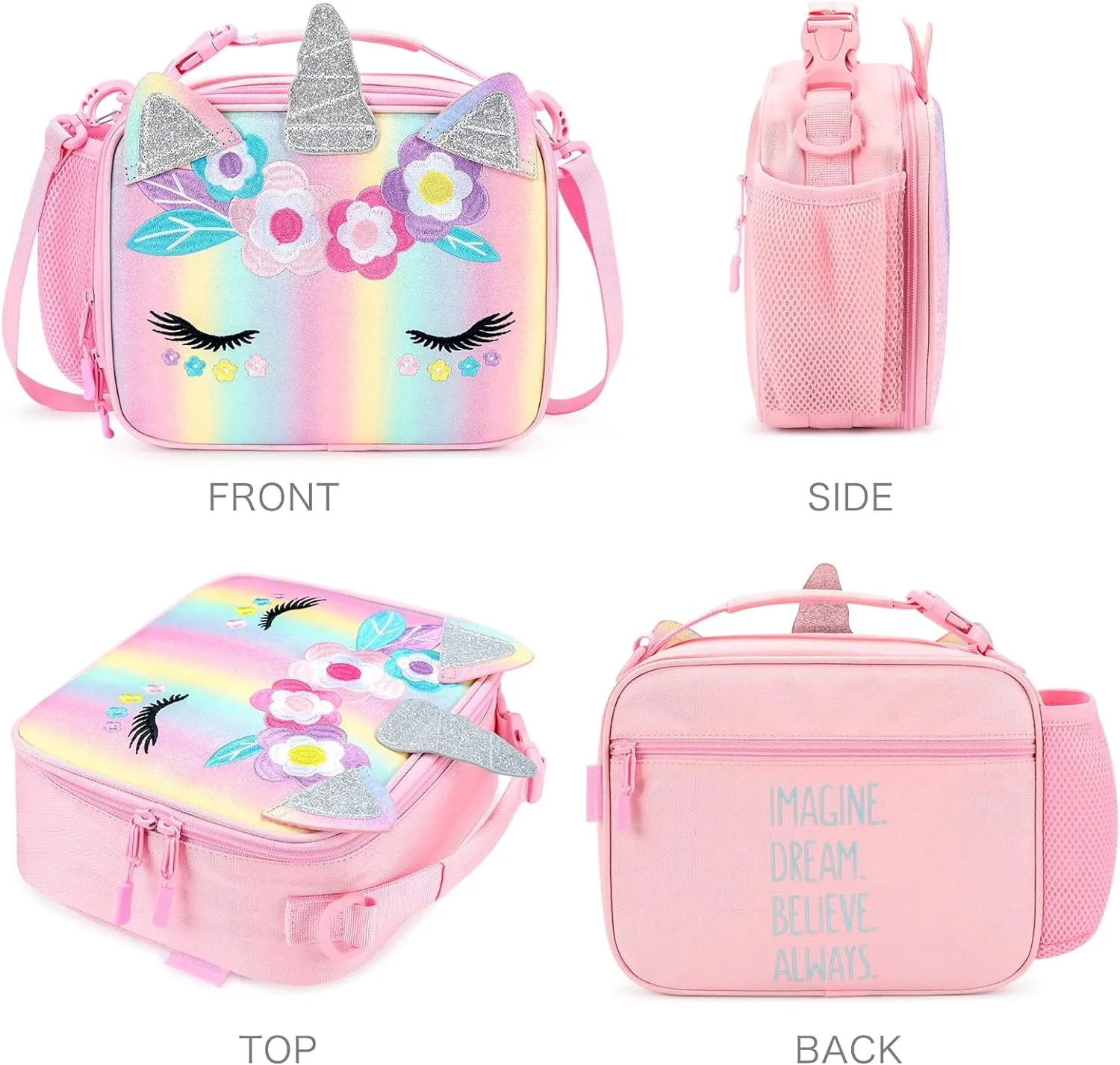 mibasies Unicorn Lunch Bag Kids Insulated Lunch Box for Girls with Water Bottle Holder and Shoulder Strap (Pink Blue Rainbow)