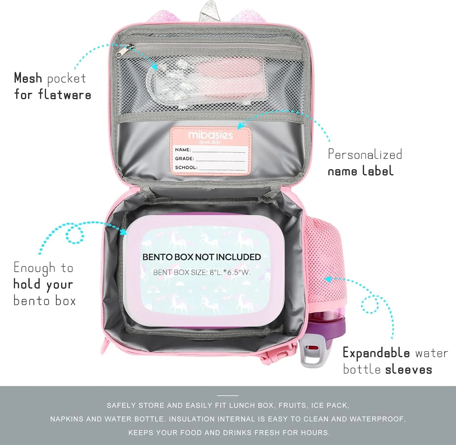 mibasies Unicorn Lunch Bag Kids Insulated Lunch Box for Girls with Water Bottle Holder and Shoulder Strap (Pink Blue Rainbow)