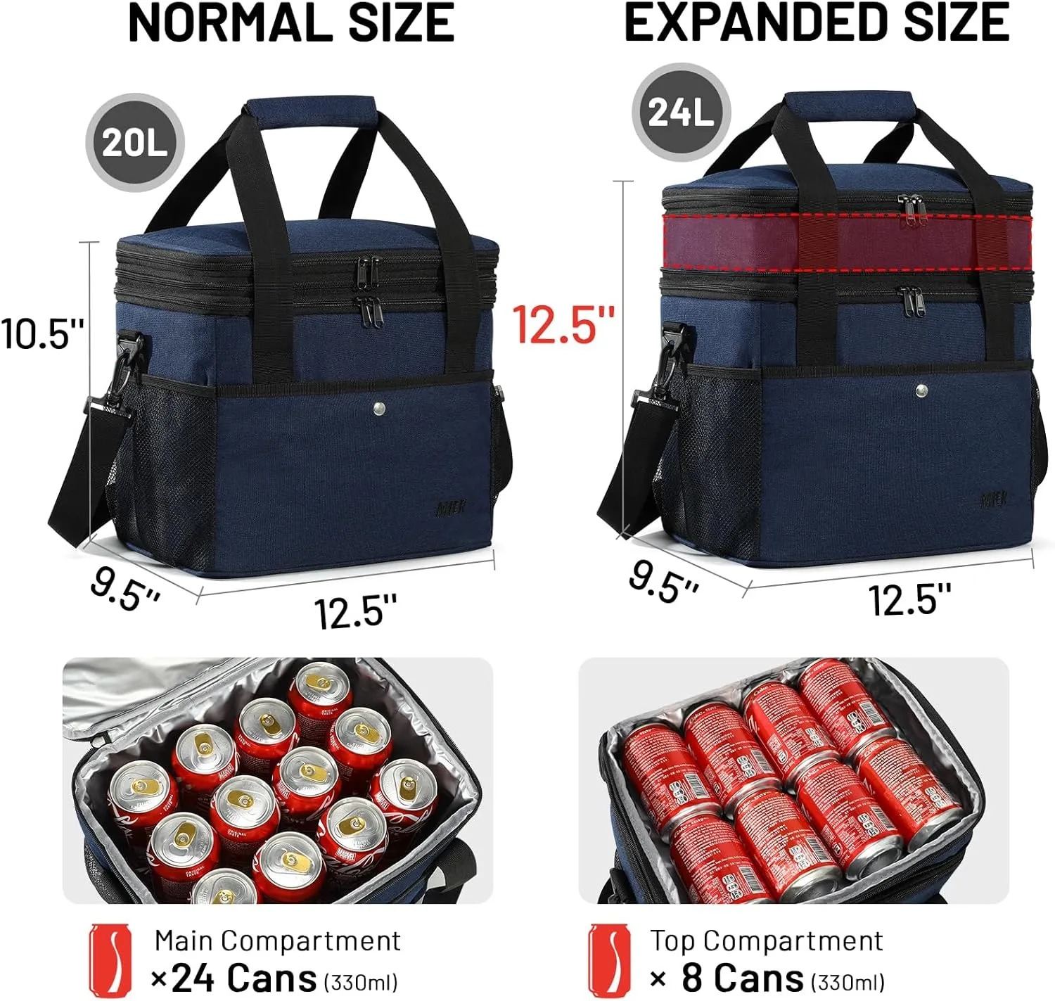MIER Large Lunch Cooler for Men Expandable Lunch Bag Insulated Dual Compartment Cooler Bag for Travel Camping Picnic Weekend Trip, 24L/30Can(Pure Blue)