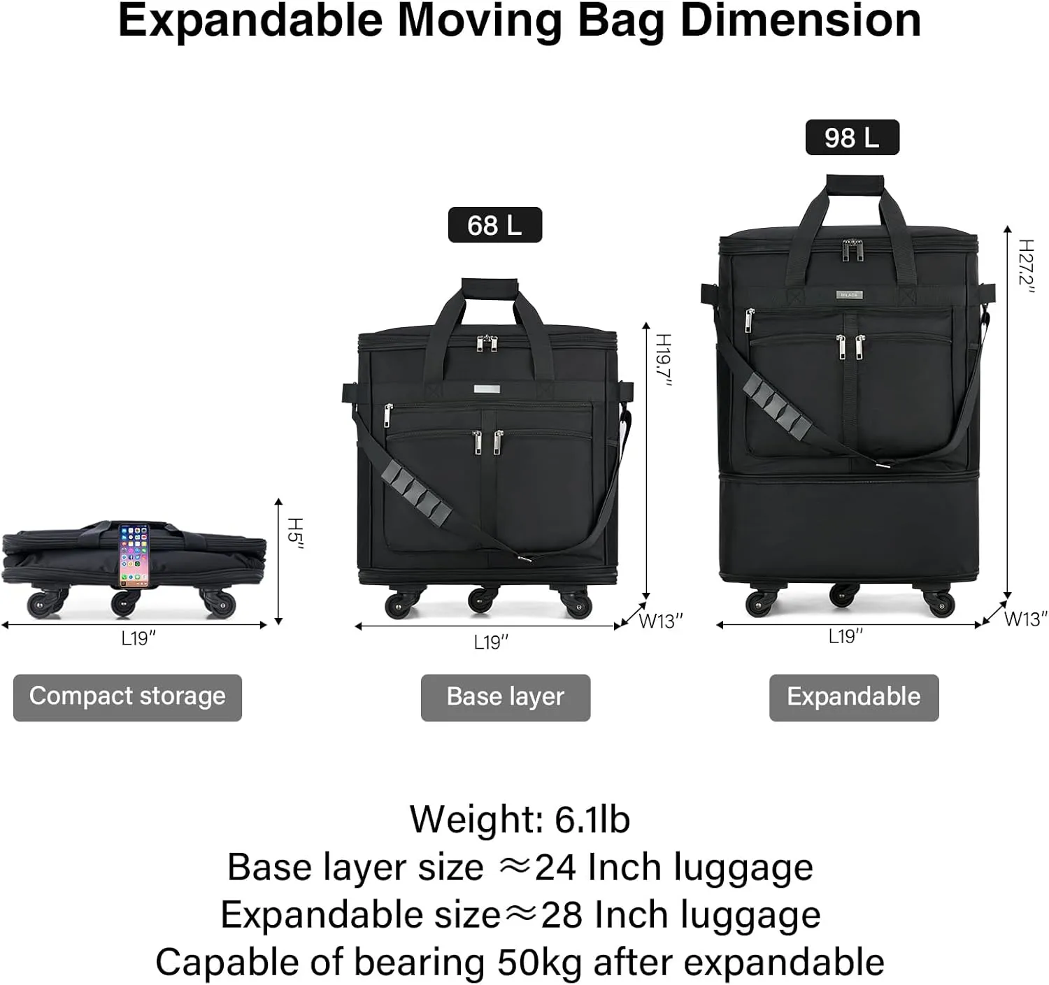 MILADA Moving Boxes for Packaging Moving Bags Expandable Moving Boxes Medium and 98 L Large with Five Wheels and Detachable Shoulder Strap Moving Storage Bags also for Travel, Black