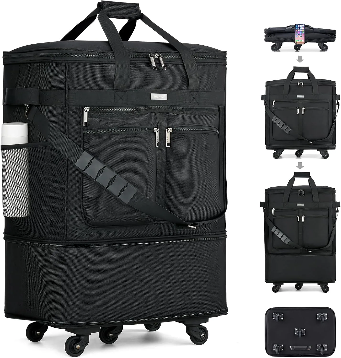 MILADA Moving Boxes for Packaging Moving Bags Expandable Moving Boxes Medium and 98 L Large with Five Wheels and Detachable Shoulder Strap Moving Storage Bags also for Travel, Black