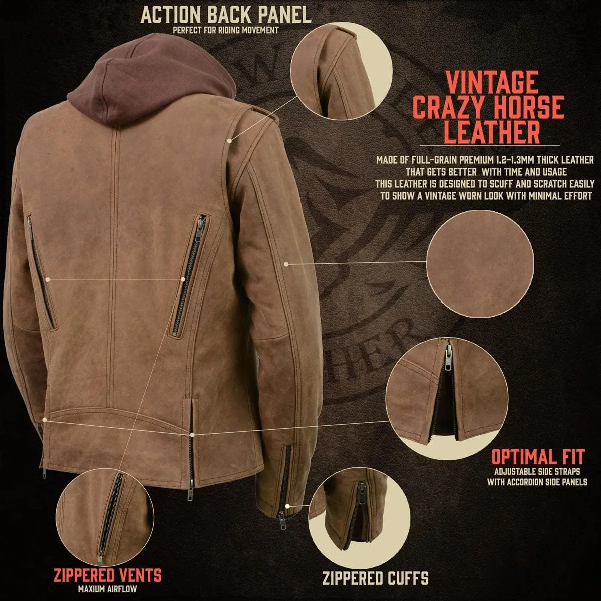 Milwaukee Leather MLL2511 Women's 'Damsel' Vintage Crazy Horse Brown Leather Jacket w/Removable Hoodie