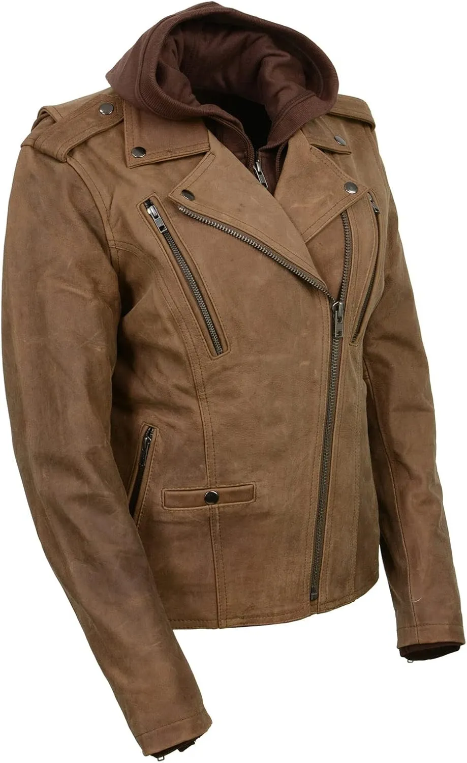 Milwaukee Leather MLL2511 Women's 'Damsel' Vintage Crazy Horse Brown Leather Jacket w/Removable Hoodie